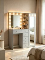 Coiffeuse de chambre moderne de luxe en bois avec éclairage LED, rangement écologique et miroir de maquillage tendance pour appartement