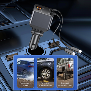 fast retractable car charger <b>type</b> <b>c</b> car charger fast charge pd 2 retractable 4 in 1 cables and usb port car charger <b>adapter</b> - Product Image 6