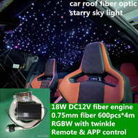 Kit de fibres optiques LED RGBW pour voiture, ciel étoilé, 600 pièces, 3 mètres, 0,75 mm, étoiles scintillantes avec application et télécommande pour toit de voiture