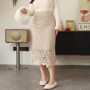 Falda Midi Reversible de Punto con Encaje Runqi, Cintura Natural, Microelasticidad, Color Albaricoque, Falda para Mujer N8493 - Product Image 4