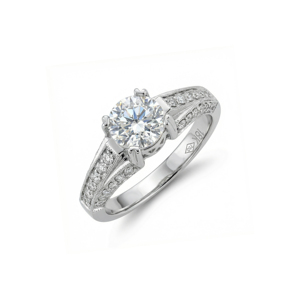 Bague de fiançailles classique en or plaqué 14K/18K avec diamant brillant de laboratoire d'un carat et pierres latérales DEF pour femme, personnalisable, certifiée IGI - Product Image 1