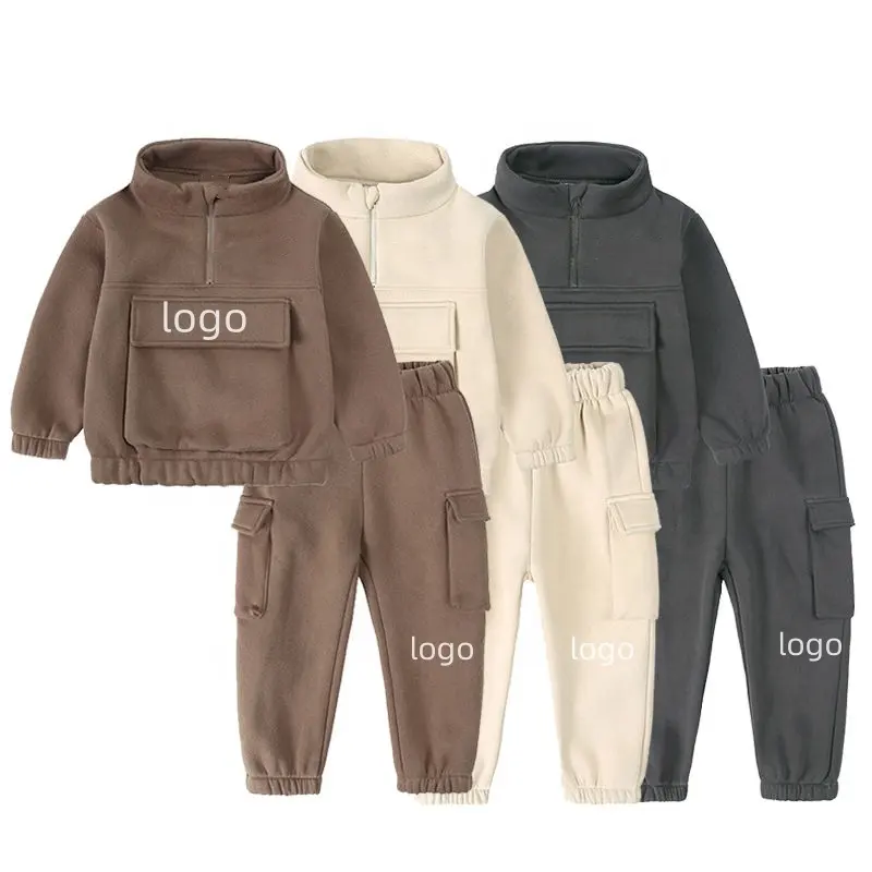 Tuta sportiva in pile spessa con Logo personalizzato tuta mezza Zip felpa con tasca grande e pantaloni Cargo per bambini