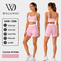 Ensemble de yoga 2 pièces pour femme avec sangle double et bordure contrastante, soutien-gorge de sport et short cycliste taille haute, logo personnalisé, faible MOQ, vente en gros fitness