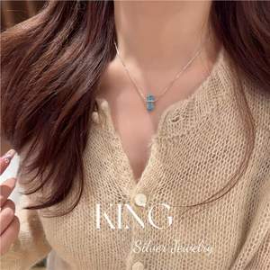 Collier pendentif en cristal bleu marine clair King Silver Jewelry, argent sterling S925, design géométrique, bijoux de mode pour femmes - Product Image 3
