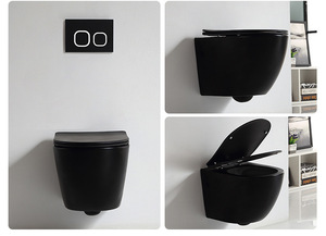 Système de support de réservoir mural dissimulé en céramique noire avec siège à fermeture douce pour cuvette allongée. - Product Image 2