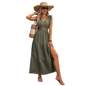 Nouvelle Robe Longue d'Été pour Femme, Style Élégant avec Fente, Manches Courtes Cintrées à la Taille et Col en V Profond - Product Image 5