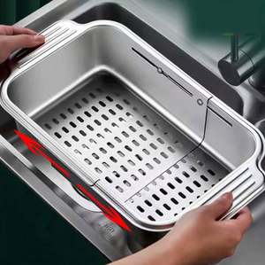 Panier d'égouttage rétractable double en PP, ABS, silicone et aluminium pour évier de cuisine, pour légumes, bols, baguettes et vaisselle - Product Image 1