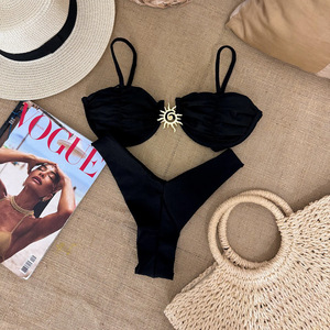 Satin Underwire <b>Bikini</b> Set Sun Metal Decor Ruched <b>Push</b>‑Up Top High Cut Bottom 2‑Pcs Swimwear Women Beach Bathing Suit Wholesale - Product Image 2