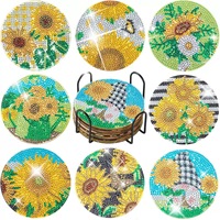 Kit de Peinture Diamant 5D DIY pour Sous-Verres avec Support, Motifs Mixtes Dessin Animé, Mandala, Fleur, Ensemble de Sous-Verres en Bois, Artisanat Fait Main