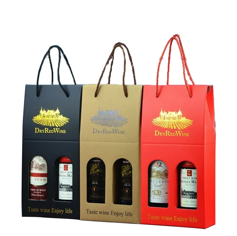 Custom Logo Corrugated Cardboard Paper Wine Carrier Packaging Gable Gift Bottle Box Fancy Mini Decorative Bottle Bag