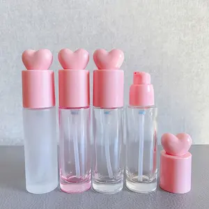LZ botol pompa Losion kosong, botol kaca Foundation kosong dengan Label pribadi, penutup merah muda hati 30ml buram bening unik