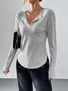 Camiseta Casual de Manga Larga para Mujer, Cuello en V, Dobladillo Curvo, Holgada, Básica, Venta al Por Mayor, Éxito de Ventas 2026 - Product Image 4