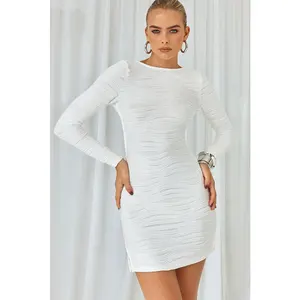 Оптовая продажа, летнее короткое платье с высоким вырезом и длинным рукавом, с открытой спиной, белое короткое платье из текстурированной ткани для женщин