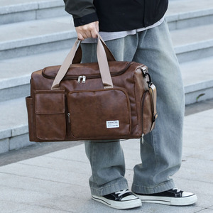 Korean Minimal Label Leather Weekender <b>Bag</b> Fashion Thick Wear-resistant Student Dorm Clothes Storage Outdoor Hand Shoulder <b>Bag</b> - Product Image 3