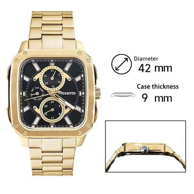 New Arrival Luxury Men's Quartz Watch Movement Chronograph Stainless Steel Square Dial Business Fashion Style Waterproof