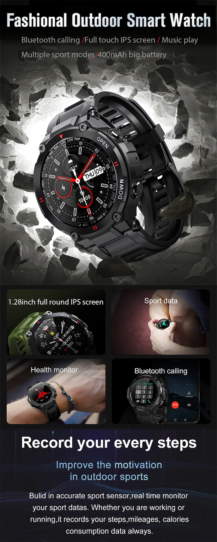 Best sales reloj intelligent smart watch phone calling waterproof 400mAh big battery round smartwatch K22 for men