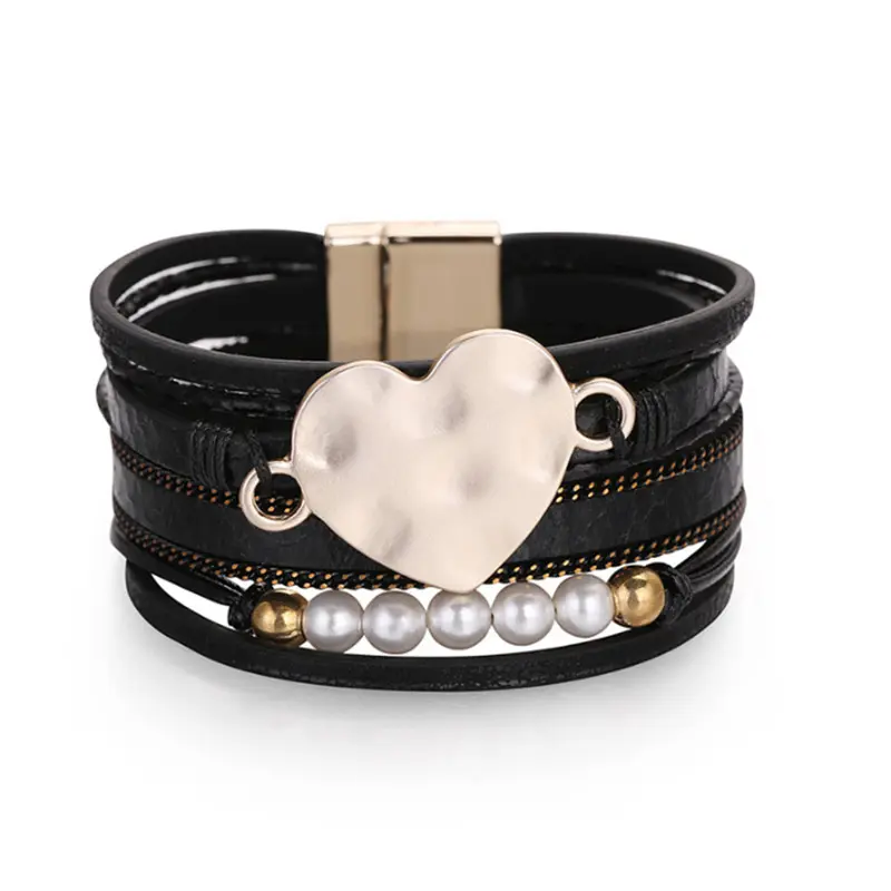 Pearls&alloy Gold Heart Charm Multi-layers PU Leather Women Bracelet with magnetic clasp magnetic closure Cuff Bracelets