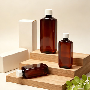 Botellas de plástico PET vacías color marrón ámbar, cuadradas, con tapa de rosca para envasado de líquidos orales - Product Image 2