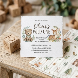 <span class=keywords><strong>Invitation</strong></span> de Luxe pour Premier <span class=keywords><strong>Anniversaire</strong></span> Thème Forêt en Papier Spécial Bords Frangés – Fête Wild One - Product Image 1