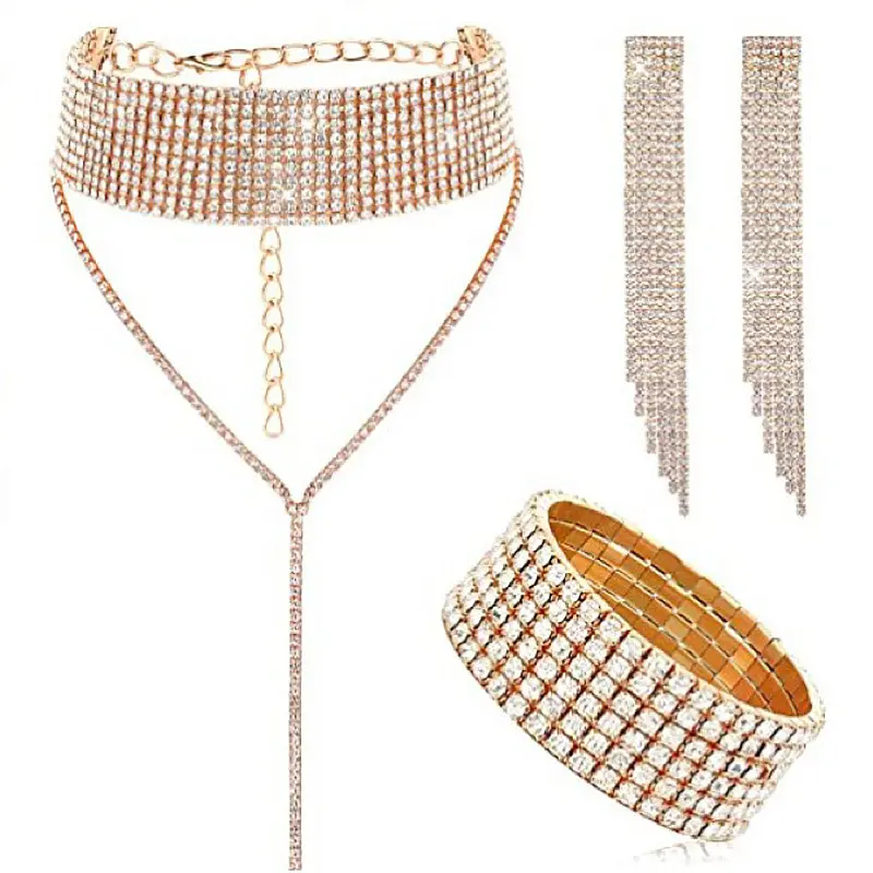 3pcs Dubai Bridal Rhinestone Geometric Decor Necklace Cubic Zirconia Gold Plated Bracelet Earrings Crystal Wedding Jewelry Sets