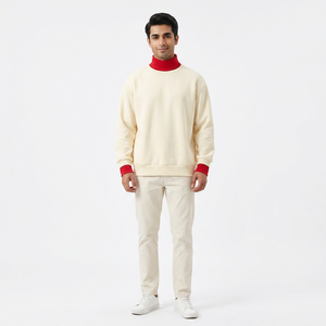 Customized Cut and sew ribbed edge fleece sweatshirt Beige <b>mock</b> <b>neck</b> Hoodies - Product Image 1