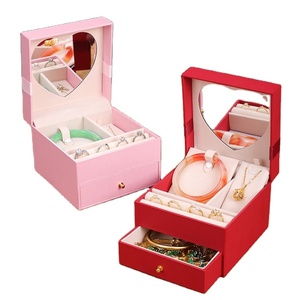 Boîte à bijoux multifonctionnelle avec miroir, boîte de présentation de bijoux à deux niveaux, boîte à bijoux rose et rouge - Product Image 1