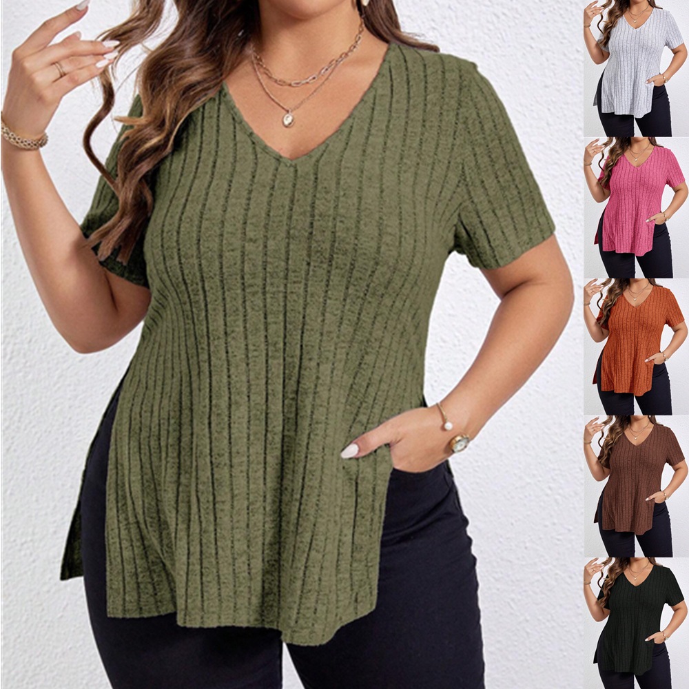 Spring/Summer Solid Color Plus-Size Women's V-Neck Short-Sleeve Slit Ribbed Polyester Spandex Brushed t Shirt for Women Ladies