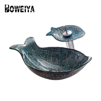 Lavabo de salle de bain en verre pour balcon, design personnalisé, forme de poisson bleu, prix des articles sanitaires, lavabos