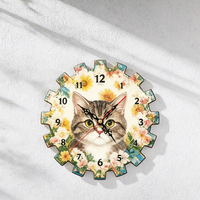 Horloge murale en bois en forme d'engrenage, motif chat et fleurs, affichage à aiguilles, silencieuse, décorative, pour salon et décoration intérieure