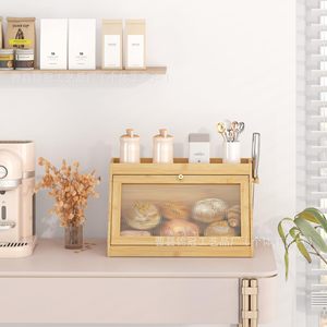 Brocade Crown Wooden Bread Box Bamboo Double Layer Cake <b>Storage</b> <b>Kitchen</b> Countertop Food Container With Glass Door - Product Image 3