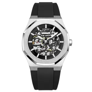 50 pcs MOQ Custom Ihr Logo Hot Skeleton Automatische schwarze Silikon Herren transparente Uhr