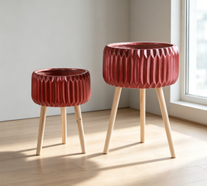Juego de 2 Macetas con Trípode Acanalado, Macetero Moderno con Textura Acanalada y Patas de Madera, Contenedor Decorativo para Plantas de Interior y Exterior - Product Image 3