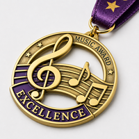 Médailles de musique personnalisées en alliage de zinc 3D, plaquées électrolytiquement, creuses, en forme de clé de Sol, pour récompenses musicales scolaires avec ruban violet