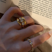 Anillo de Zirconia Dorado Ajustable de Dos Piezas, Apilable, Joyería de Moda para Mujer, Venta al Por Mayor de Fábrica