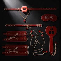Kit BDSM Thème Cerise Rouge Doux Jouets SM pour Adultes Bouchons buccaux Menottes de cou pour chatouiller Bandes pour les yeux en Cuir PU Jouets Sexuels Couples Femme Homme