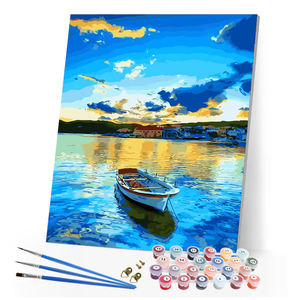 Dipinto <span class=keywords><strong>a</strong></span> Olio Colorato su Tela con <span class=keywords><strong>Barche</strong></span> <span class=keywords><strong>a</strong></span> <span class=keywords><strong>Vela</strong></span> e Case al Mare, Dipinto <span class=keywords><strong>a</strong></span> Mano per Decorazione d'Interni - Product Image 1