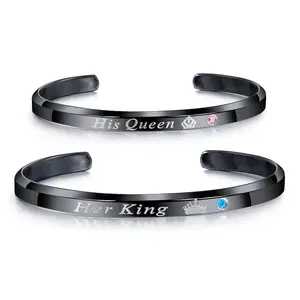 Wholesale Engagement Gift Couple Cubic Zirconia Black Steel New Engrave King Queen Bracelet