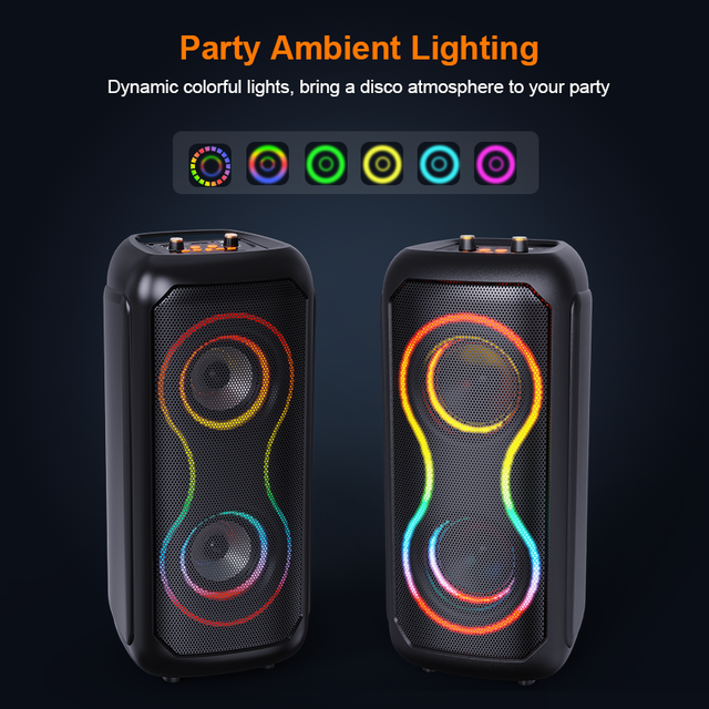 Portable Bluetooth Karaoke Party Speaker 20W RGB LED Lights Dual 4" Drivers FM Radio USB TF AUX Outdoor Speaker