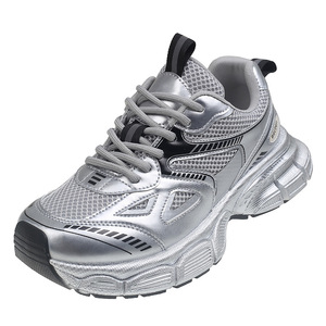 Zapatillas de mujer con suela gruesa y puntera plateada, de cuero sintético, transpirables, ligeras, con cordones, para otoño, novedad, estilo casual y versátil, ideales para correr. - Product Image 5