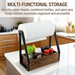 Wooden <b>Kitchen</b> <b>Paper</b> Towel And Condiment Storage Rack With Iron Bracket For Sauce Bottle Organizer Countertop Multi Function - Product Image 4
