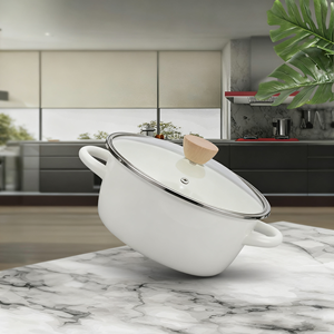 Casserole en émail blanc anti-débordement de qualité alimentaire personnalisée de 20 cm, casserole coréenne simple à double oreilles, casserole à soupe en émail avec <span class=keywords><strong>couvercle</strong></span> en <span class=keywords><strong>verre</strong></span> - Product Image 2