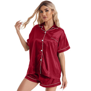 <span class=keywords><strong>Ensemble</strong></span> de pyjamas de <span class=keywords><strong>nuit</strong></span> en satin de soie pour femmes Top vente fermeture à la taille élastique respirant Style décontracté pour l'été - Product Image 6