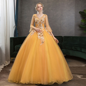 Evening Gown Ball Gown V Neck Chiffon Floral Print Empire Waist Long Sleeve Golden Yellow Women's Dress - Product Image 2