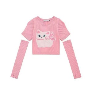 เสื้อสเวตเตอร์ถักแขนสั้นลายลูกแมวสำหรับเด็กผู้หญิง สีชมพูและสีดำ ดีไซน์ต่อผ้าแบบนุ่ม ทรงเข้ารูปสำหรับเด็ก - Product Image 5