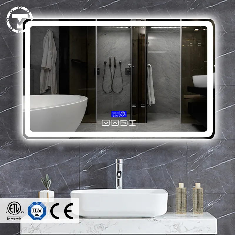 Modern Rectangular Wall Clock Backlit Led Bathroom Mirror Light Customized Defogger Smart Mirror