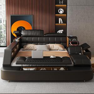Cama Inteligente Moderna com Estofamento em Couro e Armazenamento, Cama Multifuncional de Luxo com Massagem, Tamanho King - Product Image 1