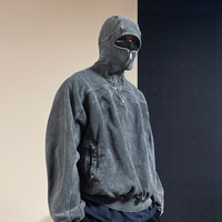Pull à capuche de poids lourd vierge à épaules tombantes avec logo personnalisé pour hommes, sweat-shirt à capuche masqué à demi-fermeture éclair avec trou pour les yeux et délavé à l'acide