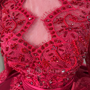 Vestido de Quinceañera Rojo Elegante Mc033 con Cuello Ilusión, Encaje con Cuentas, Mangas Largas, Cintura Plisada, Falda de Satén y Espalda con Cordones Jancember - Product Image 5