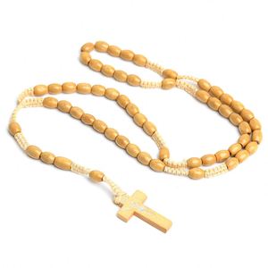 Rosario Católico, Cuentas de Madera Ovaladas Elípticas, Cruz de Oración, Joyería Religiosa, Regalos de Pascua, Venta al Por Mayor - Product Image 1
