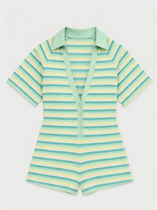 <span class=keywords><strong>Tuta</strong></span> Corta da Donna Jiubaju con Scollo <span class=keywords><strong>a</strong></span> V, Maniche Corte, <span class=keywords><strong>Righe</strong></span>, Bottoni e Colletto Rovesciato, Ideale per Vacanze - Product Image 6
